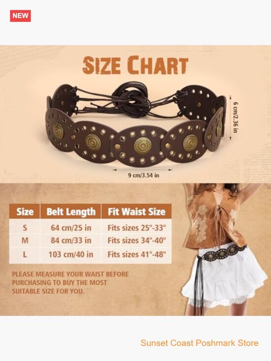 Women\'s Boho Disc Belt Concho Western Cowgirl Cowboy Vintage Leather Waist Belt